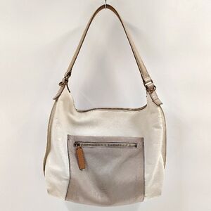 Fossil White Ivory Leather Hobo Bag Zip Beige Pocket Front Zip Top Shoulder Bag